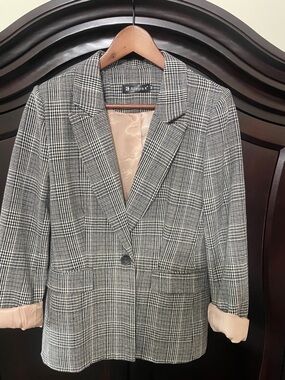 Allegra K Black & White Plaid Single-Button Blazer